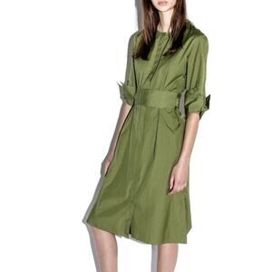 3.1 Phillip Lim Green Poplin 3/4 Sleeve Dress Belted Waist Open Back Size 2 NWT